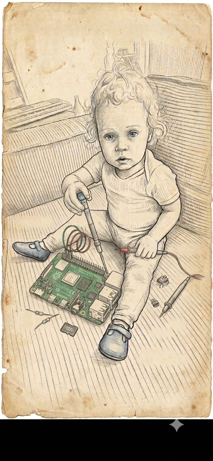 Potloodtekening van een kind dat aan een Raspberry Pi soldeert