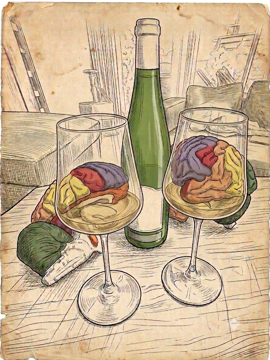 Potloodtekening van twee wijnglazen met een anatomisch breinmodel erin, met een fles ertussen